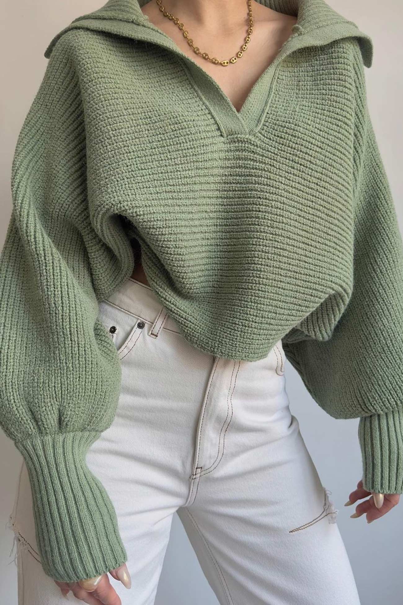 V Neck Puff Sleeve Sweater with Lapel