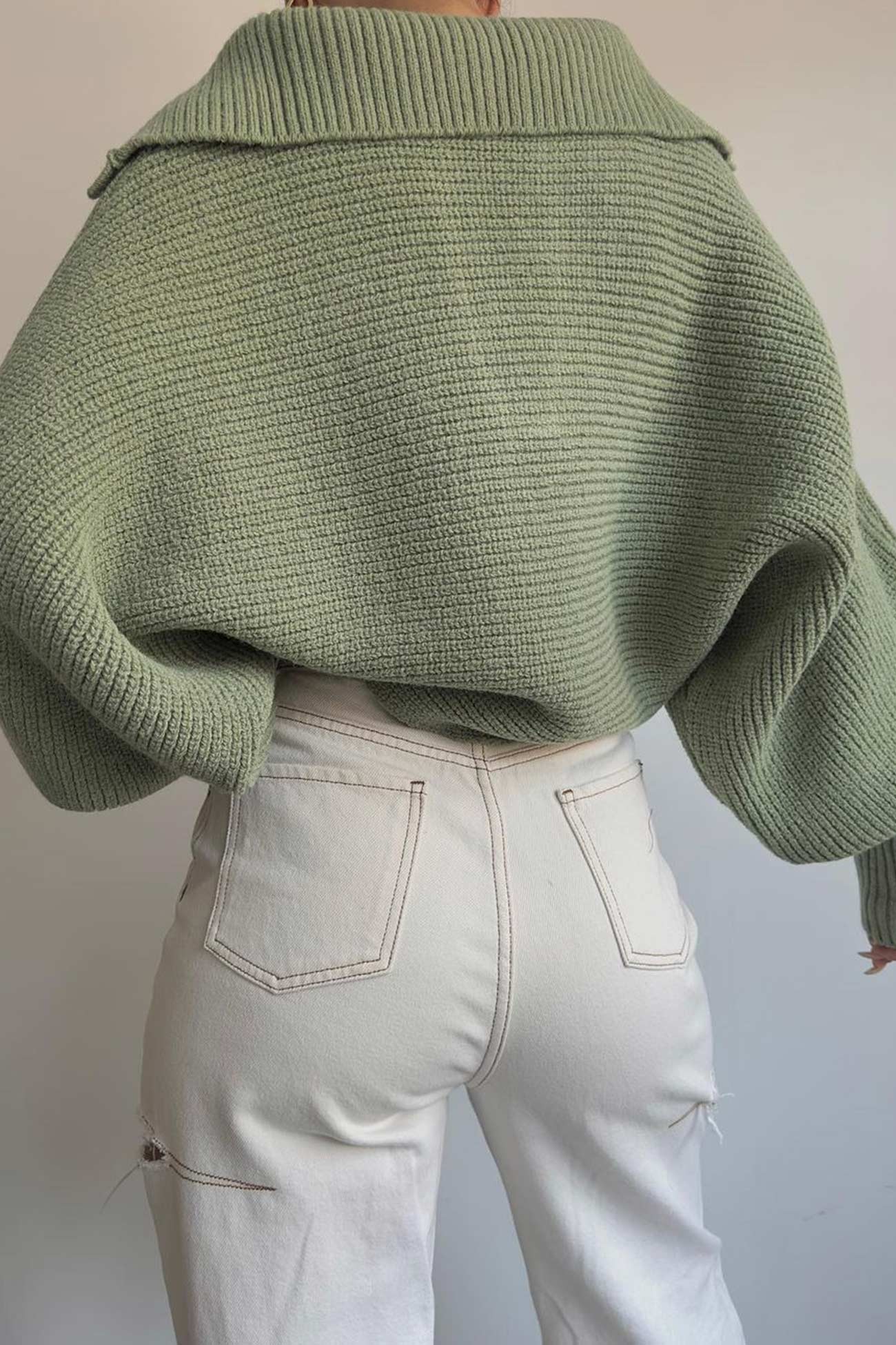 V Neck Puff Sleeve Sweater with Lapel