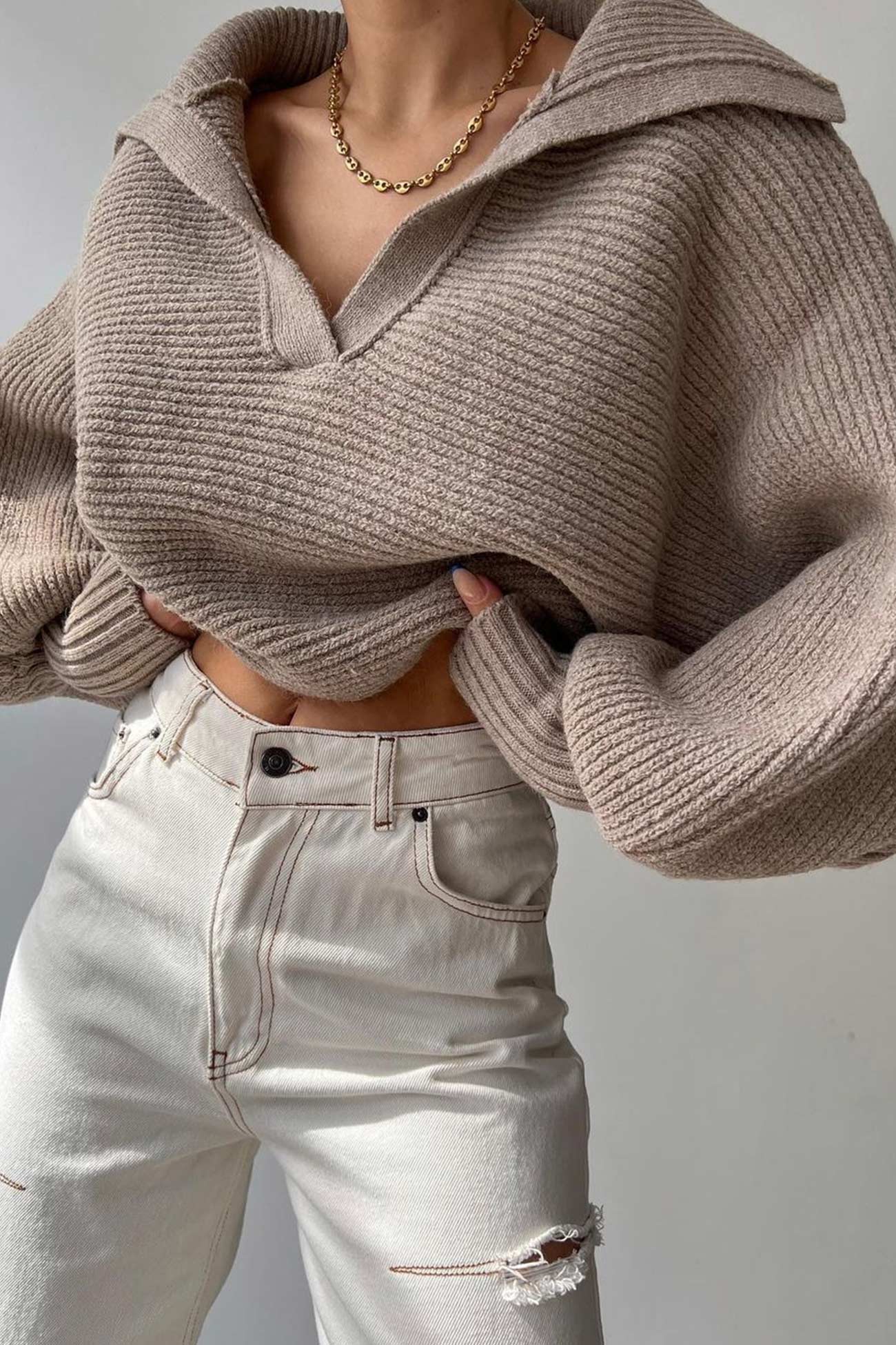 V Neck Puff Sleeve Sweater with Lapel