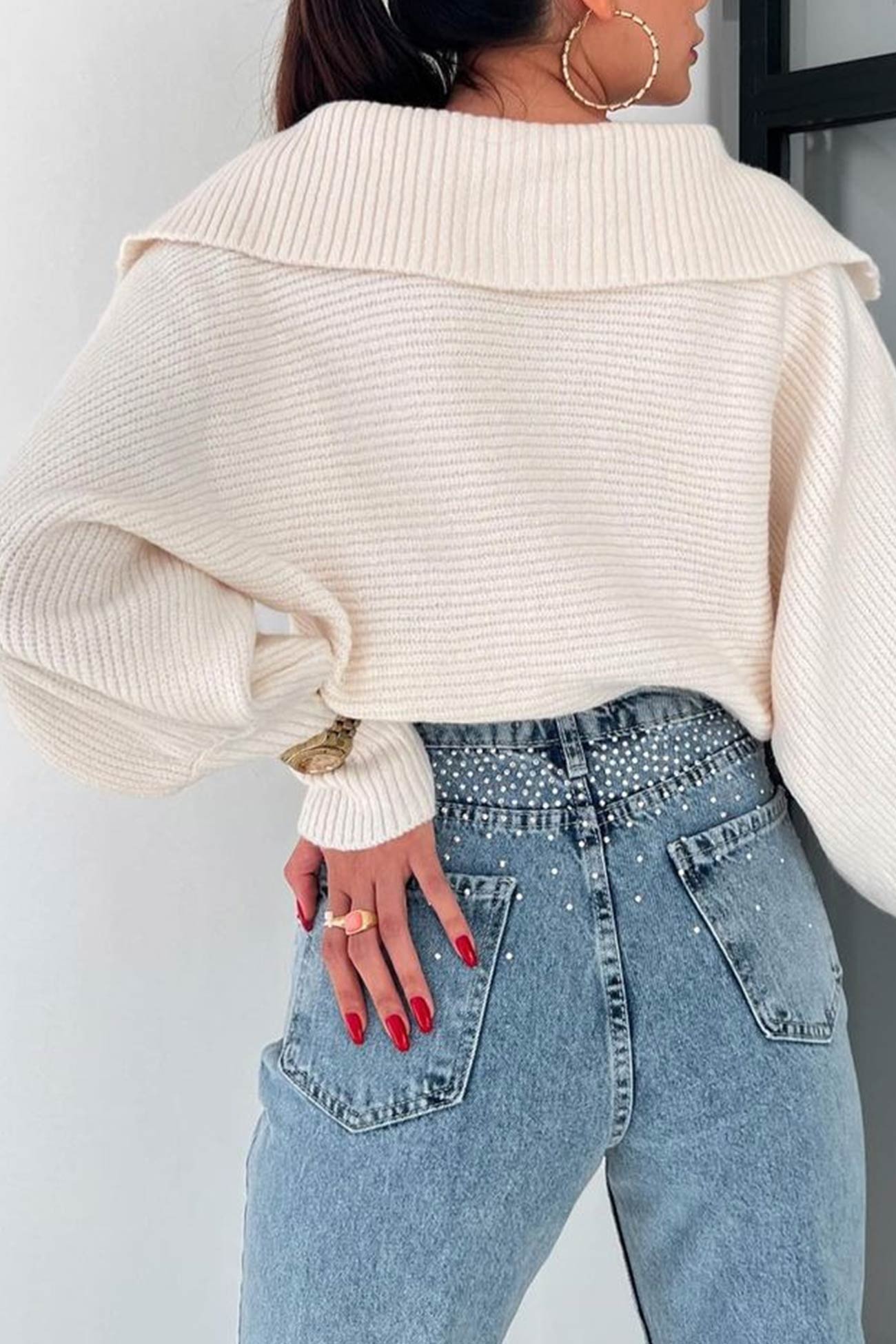 V Neck Puff Sleeve Sweater with Lapel