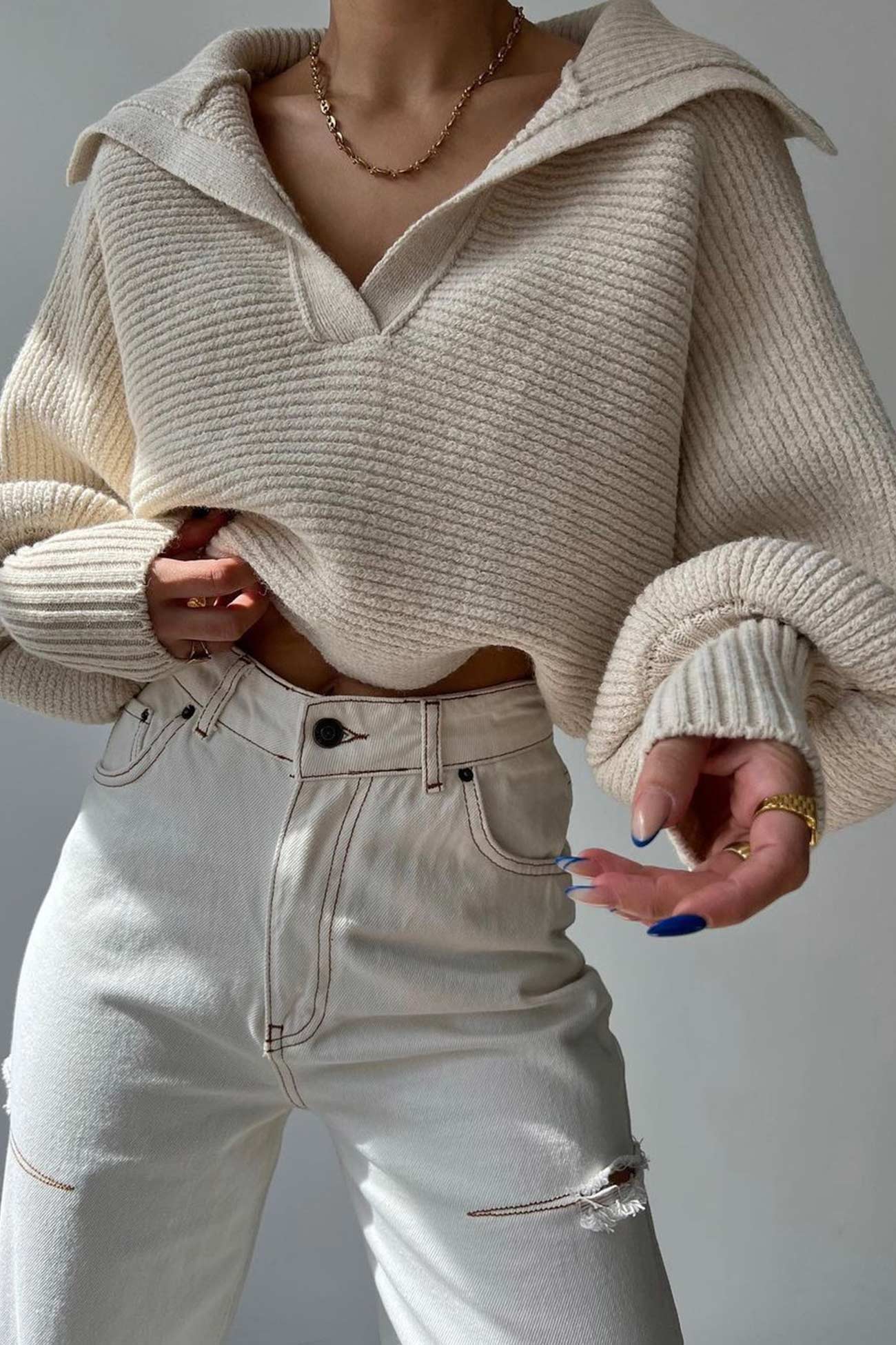 V Neck Puff Sleeve Sweater with Lapel