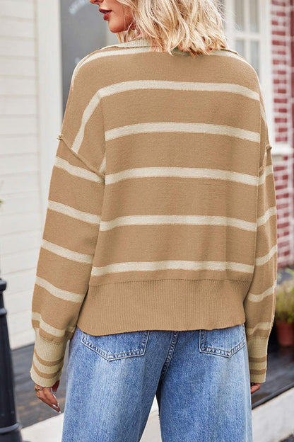 V-neck Striped Sweater with Lapel