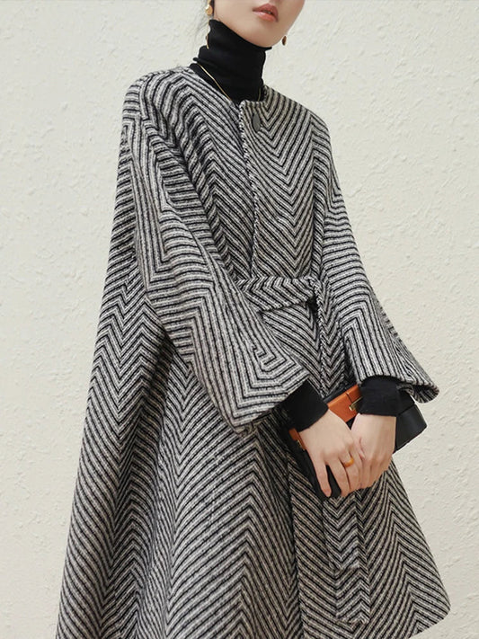 Zigzag Woolen Sashes A-Line Overcoat