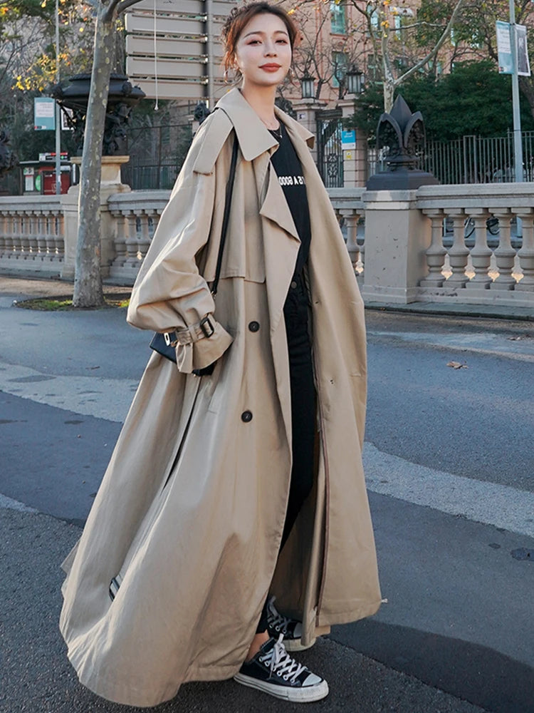 Autumn Oversized Khaki Long Grey Double Breasted Loose Casual Korean Fashion 2024 Stylish Coat