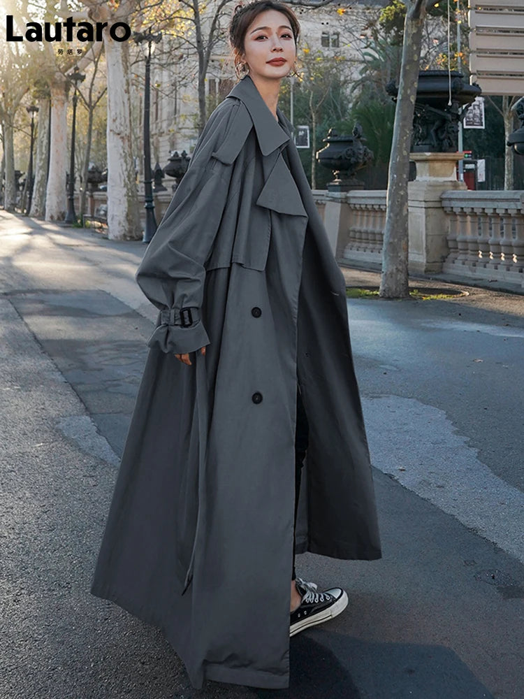 Autumn Oversized Khaki Long Grey Double Breasted Loose Casual Korean Fashion 2024 Stylish Coat