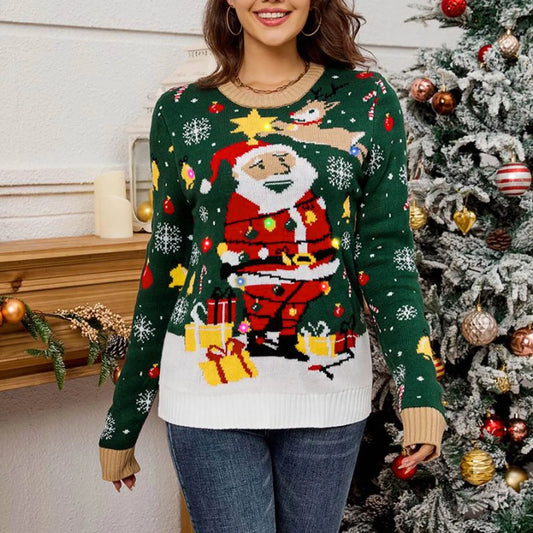 Led Light Autumn Winter Santa Jacquard Round Neck Retro Casual Christmas Sweater