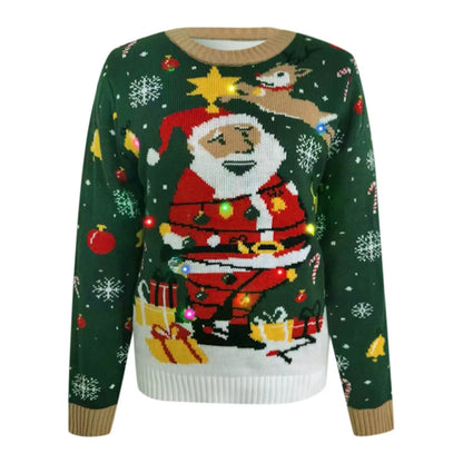 Led Light Autumn Winter Santa Jacquard Round Neck Retro Casual Christmas Sweater