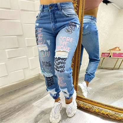 Letter Print Ripped New Casual Denim Jean