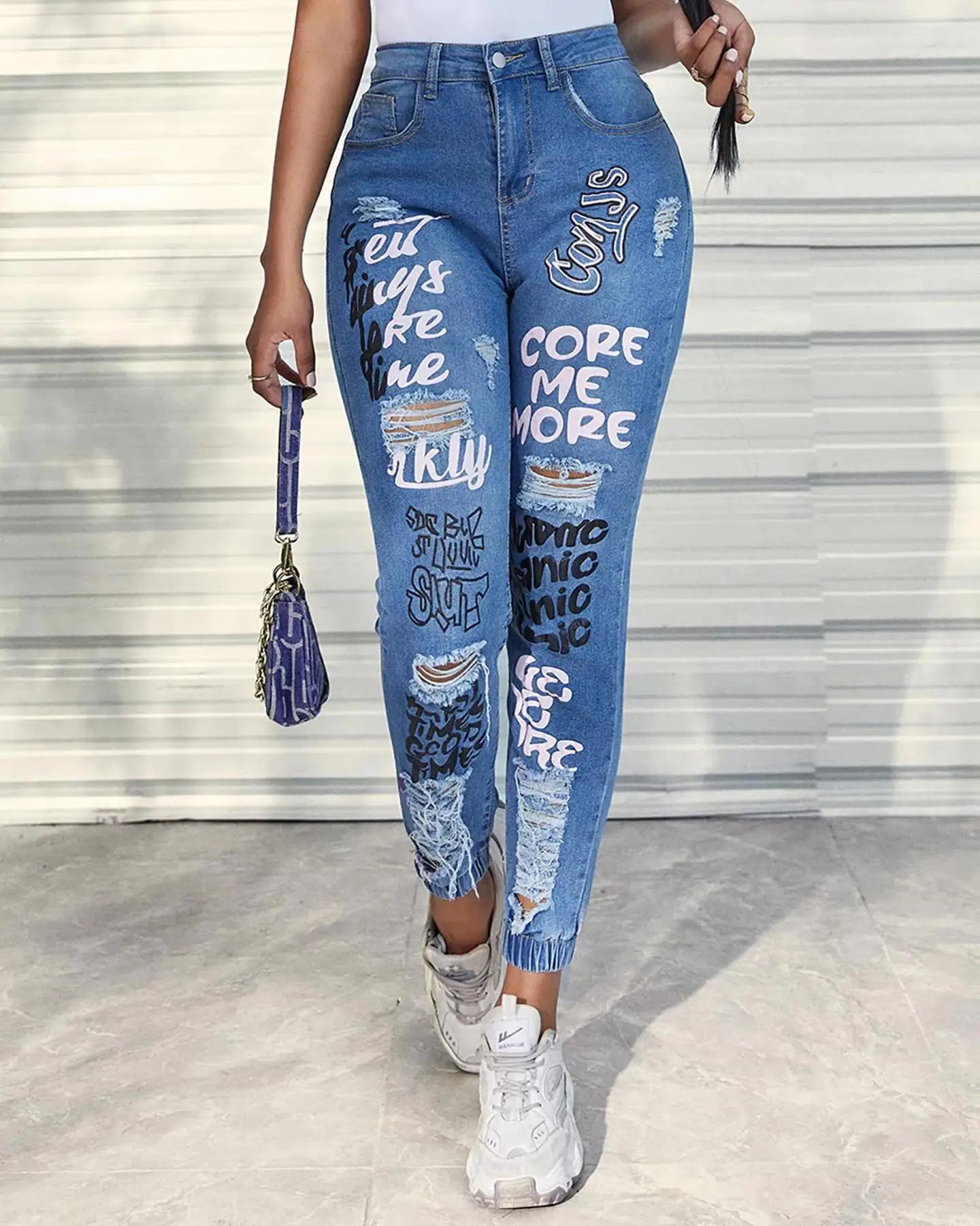 Letter Print Ripped New Casual Denim Jean