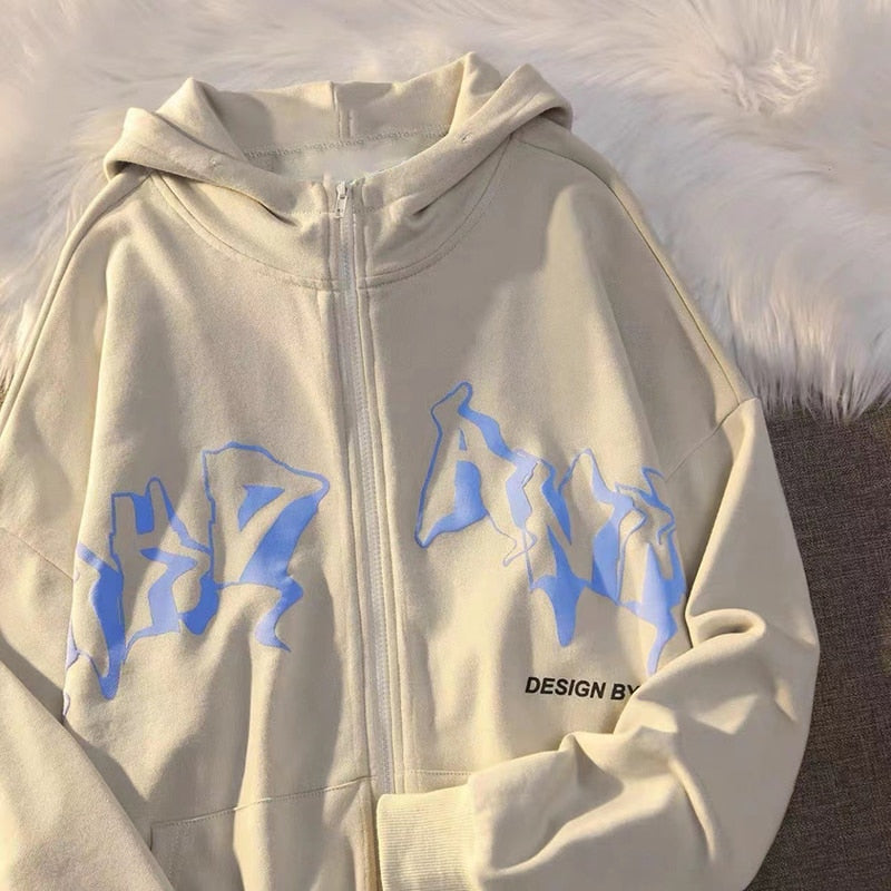 Letter Print Zip Up Hoodies