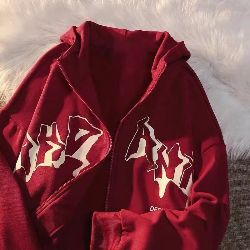 Letter Print Zip Up Hoodies