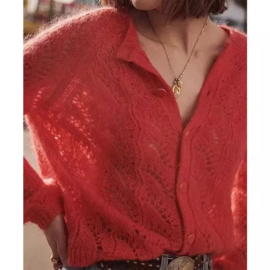 French Hollow Out Loose Red Mohair Cardigan