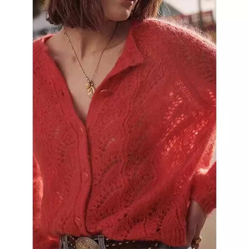 French Hollow Out Loose Red Mohair Cardigan