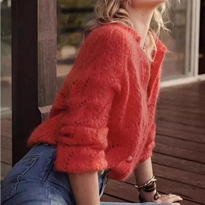 French Hollow Out Loose Red Mohair Cardigan