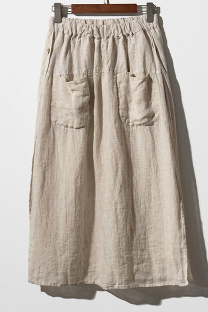 Solid Linen Midi Skirt with Pockets