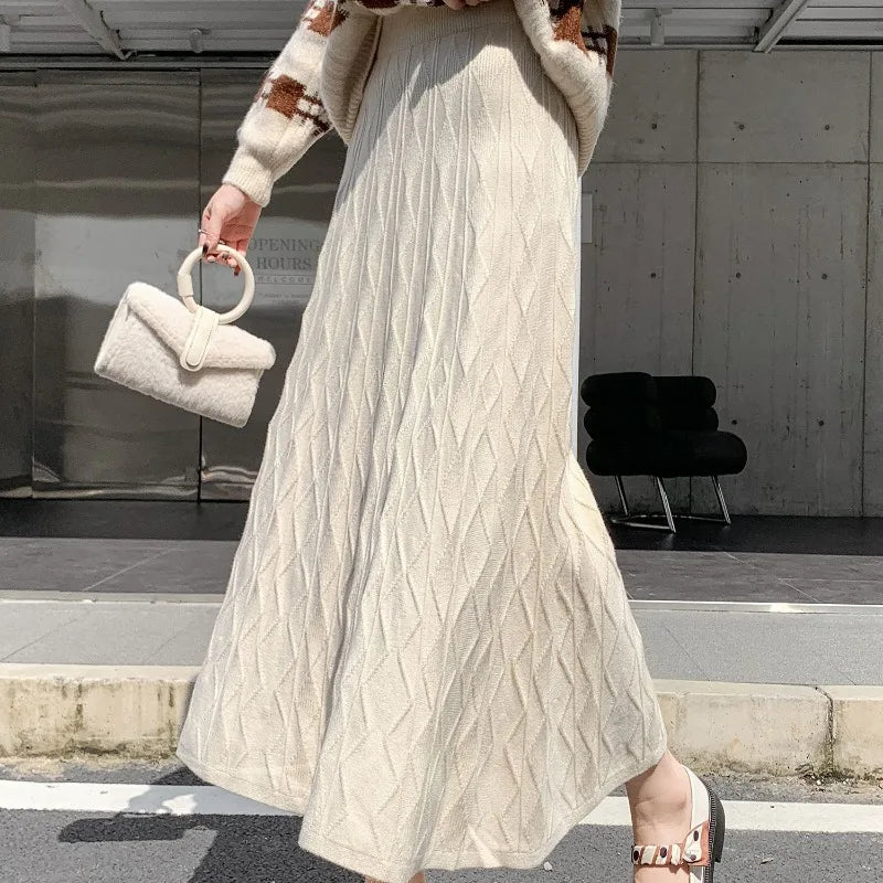 Drooping Elegant A-line High Waist Slim Woolen Comfortable Trendy Long Skirt