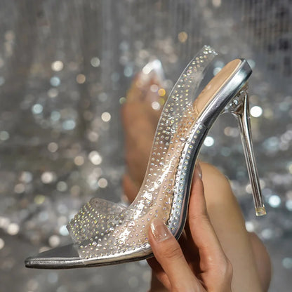 2024 Crystal Rhinestone PVC Transparent Women Pumps Sandal Stilettos High Heels Wedding Party Shoe