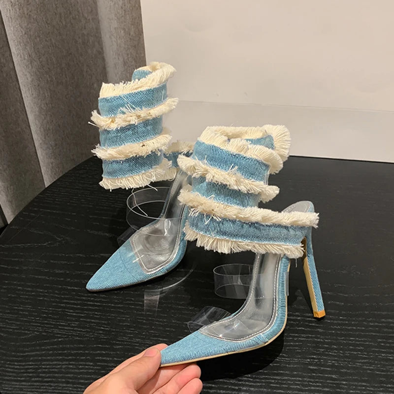 2024 New Design Denim Ankle Snake Surround Strap Sandal Women Transparent PVC Summer High Heels Party Stripper Shoes Pumps