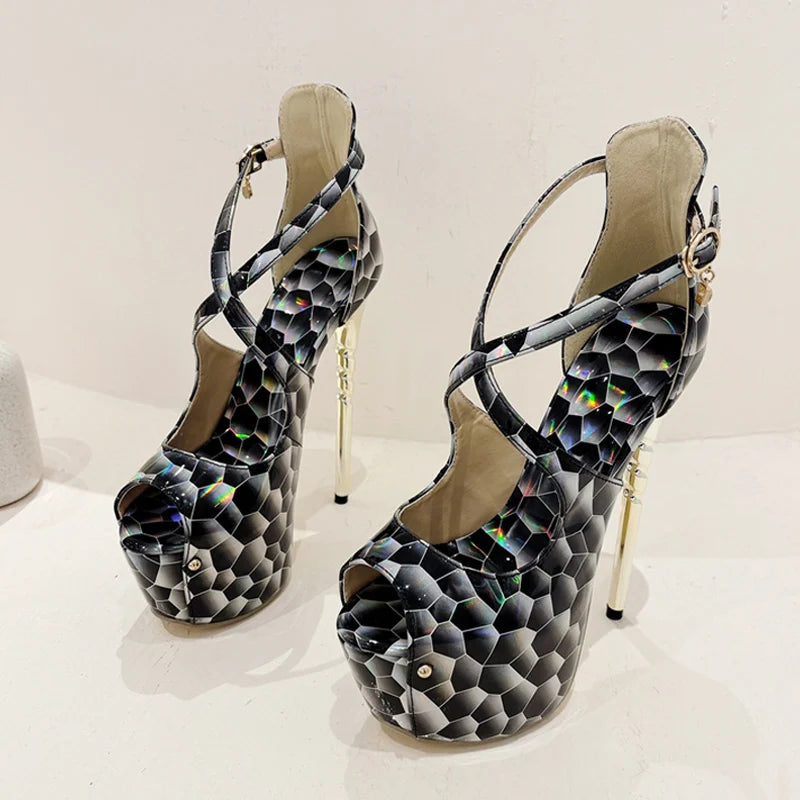 2024 Summer Platform High Heels Pumps Sandal Women Sexy Snake Print Peep Toe Buckle Strap Banquet Dress Shoe