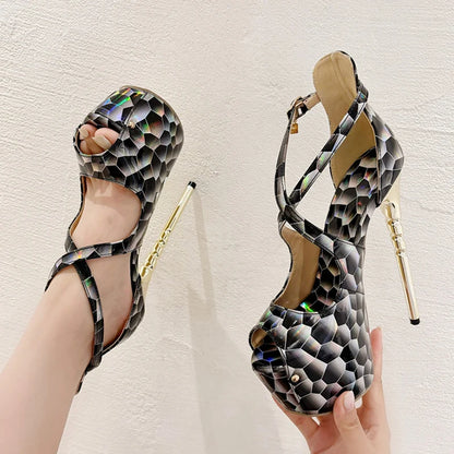 2024 Summer Platform High Heels Pumps Sandal Women Sexy Snake Print Peep Toe Buckle Strap Banquet Dress Shoe