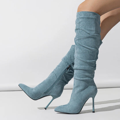 Autumn Winter Pleated Denim Pointed Toe Zip Motorcycle Long Thin Heels Booties High Heel