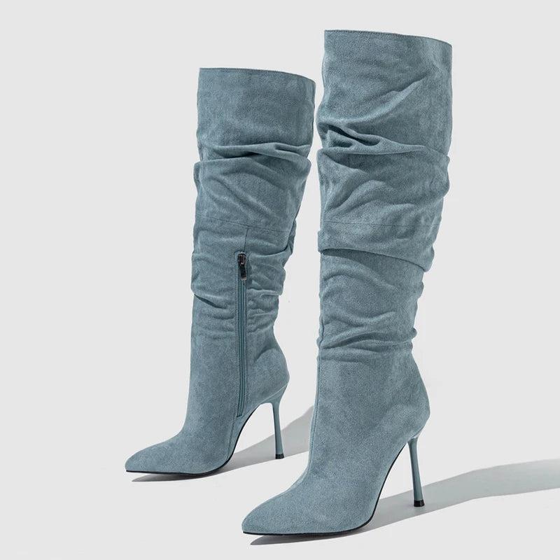 Autumn Winter Pleated Denim Pointed Toe Zip Motorcycle Long Thin Heels Booties High Heel