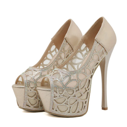 Elegant Women Wedding Banquet Shoes with Crystal Rhinestone High Heels and Peep Toe