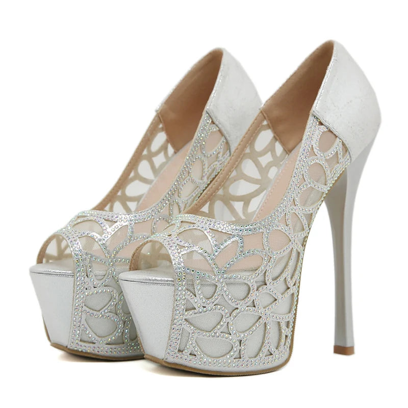 Elegant Women Wedding Banquet Shoes with Crystal Rhinestone High Heels and Peep Toe