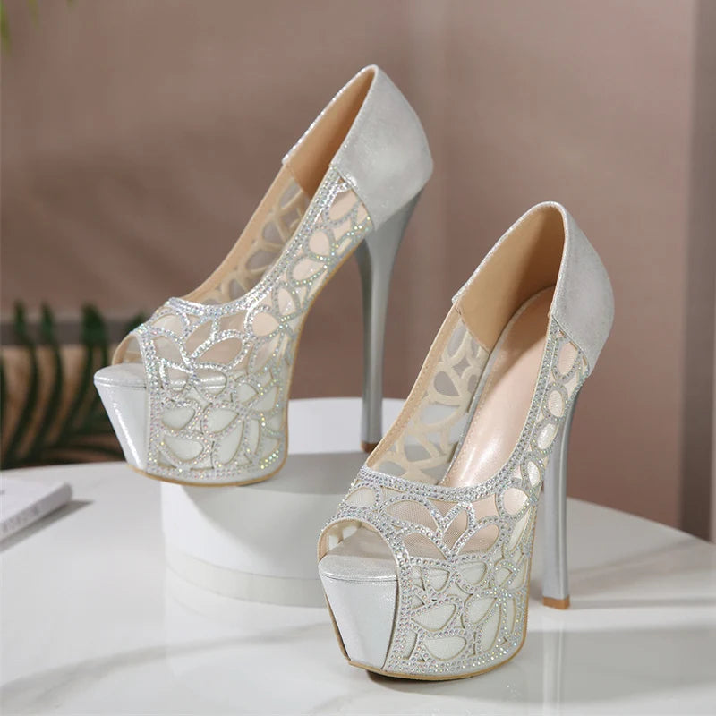 Elegant Women Wedding Banquet Shoes with Crystal Rhinestone High Heels and Peep Toe