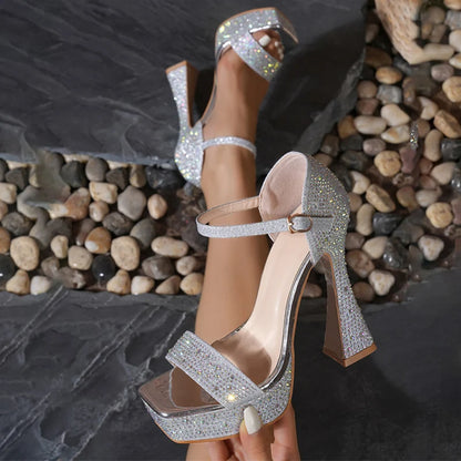 Elegant Women Wedding Banquet Crystal Rhinestone Platform Sandals Silver