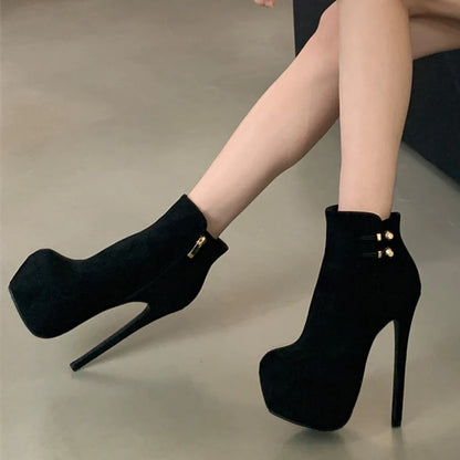 Fashion Chic Elasticity Buckle Strap Women Platform Boots Zip Round Toe Pole Dance High Heels Shoes Black