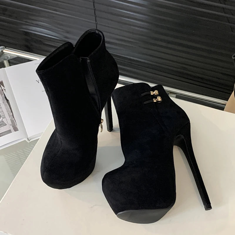 Fashion Chic Elasticity Buckle Strap Women Platform Boots Zip Round Toe Pole Dance High Heels Shoes Black