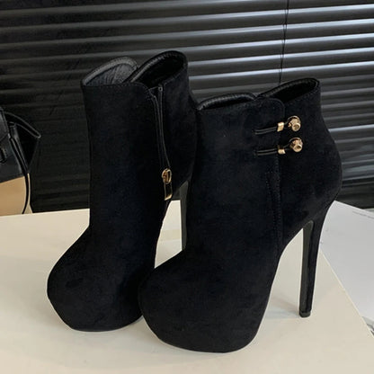 Fashion Chic Elasticity Buckle Strap Women Platform Boots Zip Round Toe Pole Dance High Heels Shoes Black