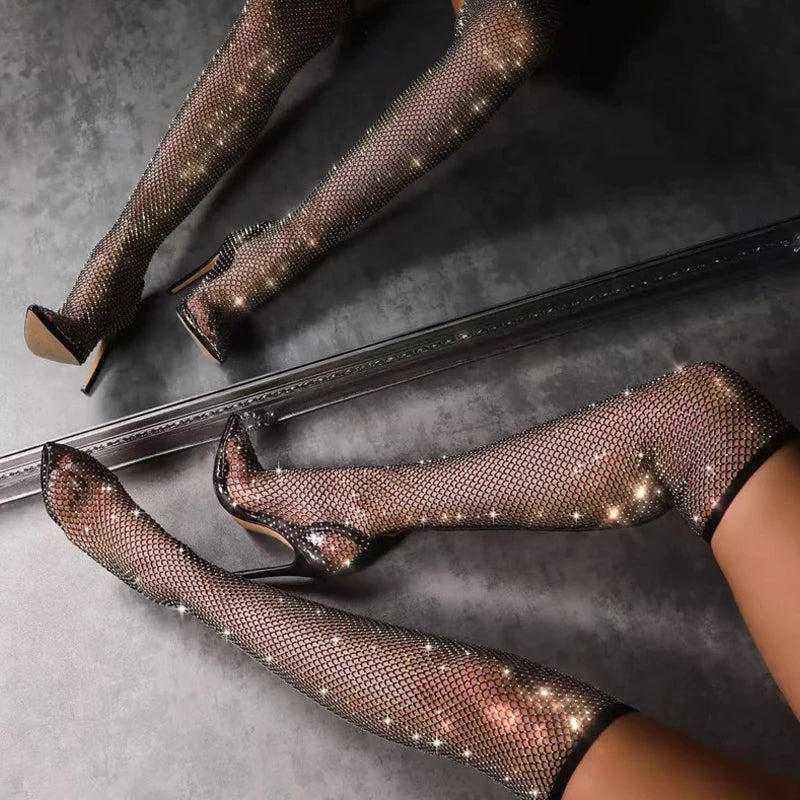 Fashion Rhinestone Fishnet Mesh Women Pumps High-Heels Socks Over-The-Knee Boots Pointed-Toe Slip-on High Heel