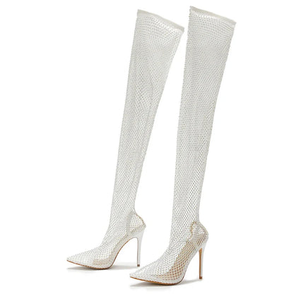 Fashion Rhinestone Fishnet Mesh Women Pumps High-Heels Socks Over-The-Knee Boots Pointed-Toe Slip-on High Heel