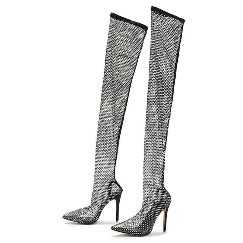 Fashion Rhinestone Fishnet Mesh Women Pumps High-Heels Socks Over-The-Knee Boots Pointed-Toe Slip-on High Heel