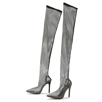 Fashion Rhinestone Fishnet Mesh Women Pumps High-Heels Socks Over-The-Knee Boots Pointed-Toe Slip-on High Heel