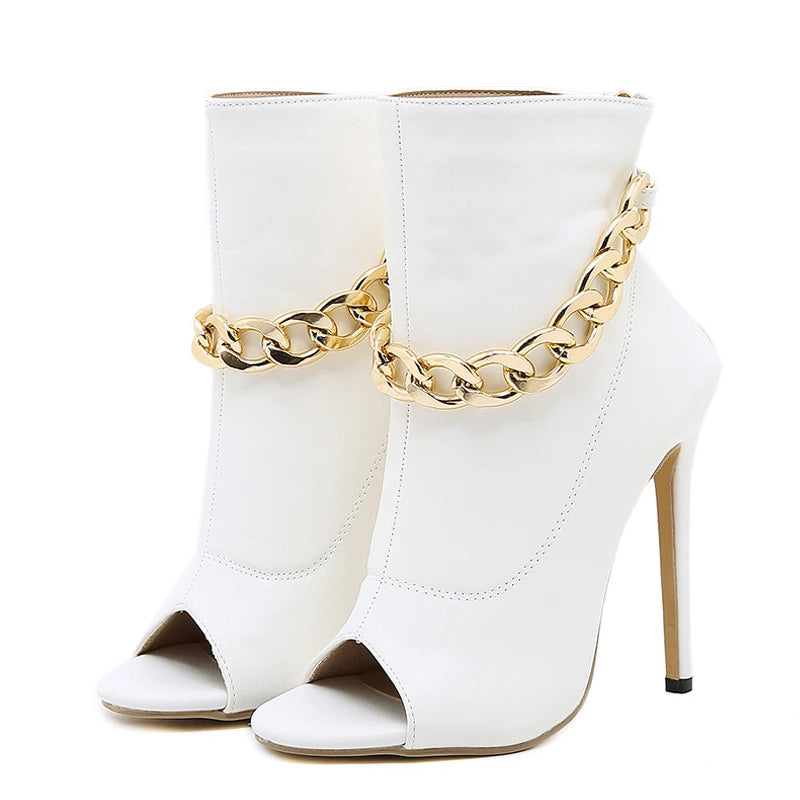 White Leather Ankle Sandals with Metal Chain Design and Thin Heels
Peep Toe Zip Boots for Women with High Quality Leather
Fashionable White Pumps with Metal Chain Detail and Thin Heels