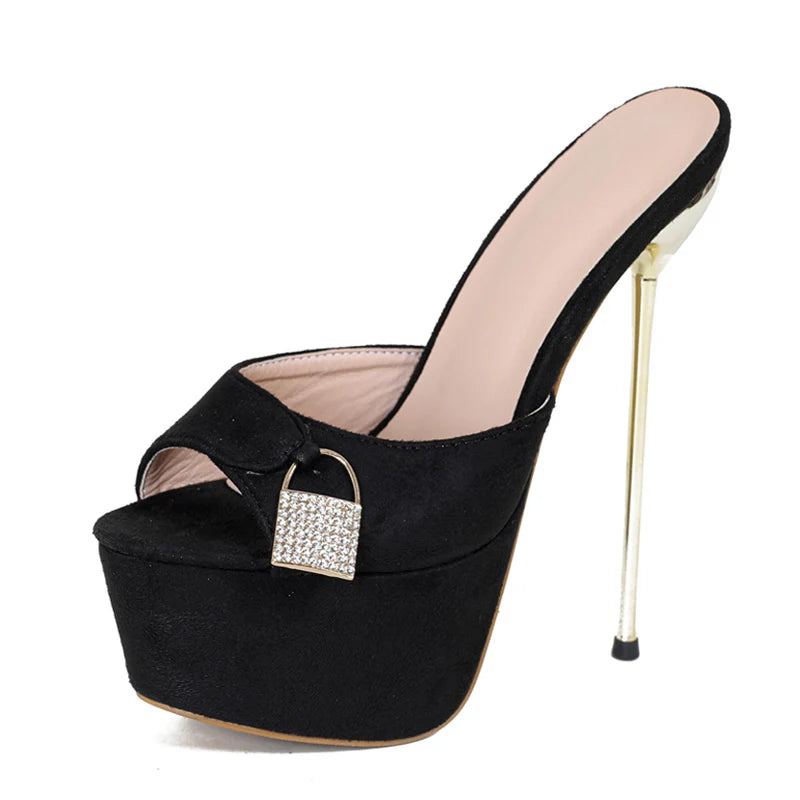 Sexy Metal Buckle Platform Slippers For Women - Thin High Heels Sandals - Summer Fashion Party Stripper Shoes - Black