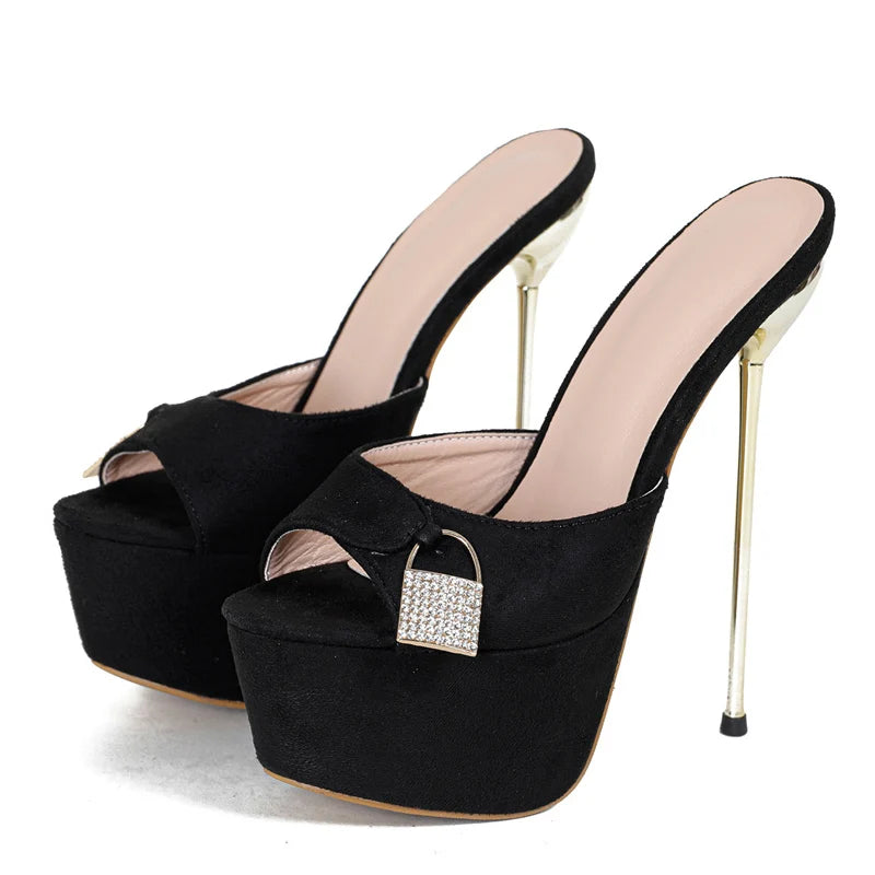 Sexy Metal Buckle Platform Slippers For Women - Thin High Heels Sandals - Summer Fashion Party Stripper Shoes - Black