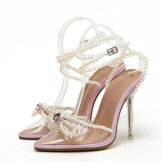 Sexy weiße transparente High Heels mit Perlenkette, Sommermode, Schmetterlingsknoten, transparente Sandalen, spitze Zehenpumps