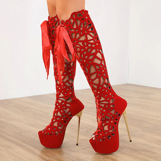 Summer Roma Style Hollow Out Cross Lace-Up Platform Knee-High Boots Sandals Peep Toe Thin Heels Shoes