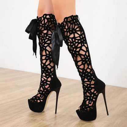 Summer Roma Style Hollow Out Cross Lace-Up Platform Knee-High Boots Sandals Peep Toe Thin Heels Shoes