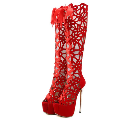 Summer Roma Style Hollow Out Cross Lace-Up Platform Knee-High Boots Sandals Peep Toe Thin Heels Shoes