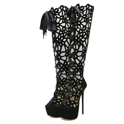 Summer Roma Style Hollow Out Cross Lace-Up Platform Knee-High Boots Sandals Peep Toe Thin Heels Shoes