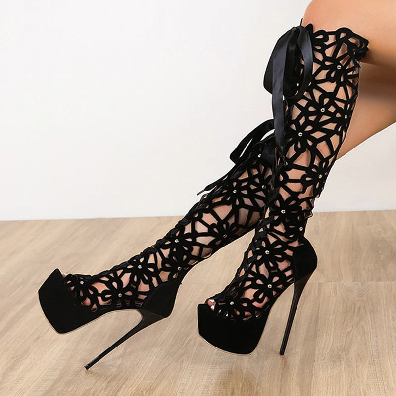 Summer Roma Style Hollow Out Cross Lace-Up Platform Knee-High Boots Sandals Peep Toe Thin Heels Shoes