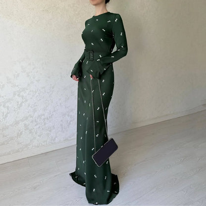 Spring Autumn Elegant Floral Printed Puff Sleeve Nipped Waist Slim Fit Round Neck Maxi Streetwear Dress