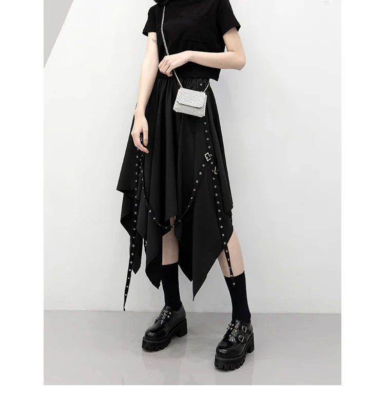 Long Irregular Dark Tie Street Wind Weave Buckle Y2k Skirt