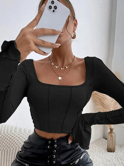 Long Sleeve Black Backless Sexy Y2K Knitted Crop Top