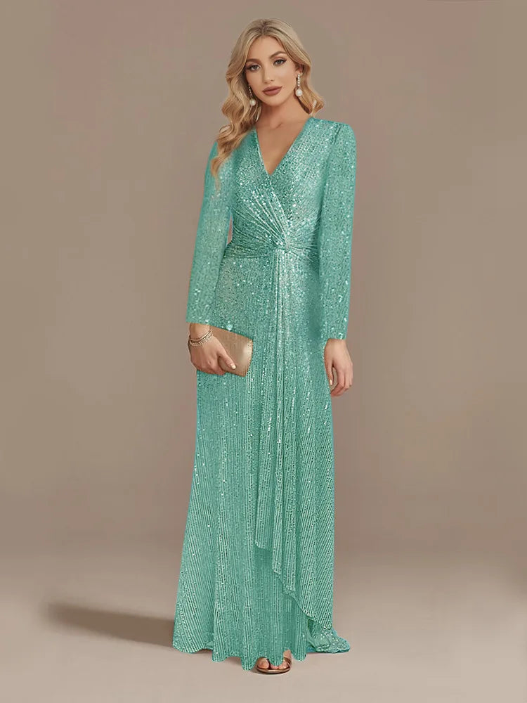 Long Sleeve V-Neck Party Dress Emerald / S Partydress-241208